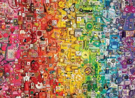 Colorful cobble hill colourful rainbow jigsaw puzzle feauturing mosaic of various small images arranged in a gradient rainbow pattern.