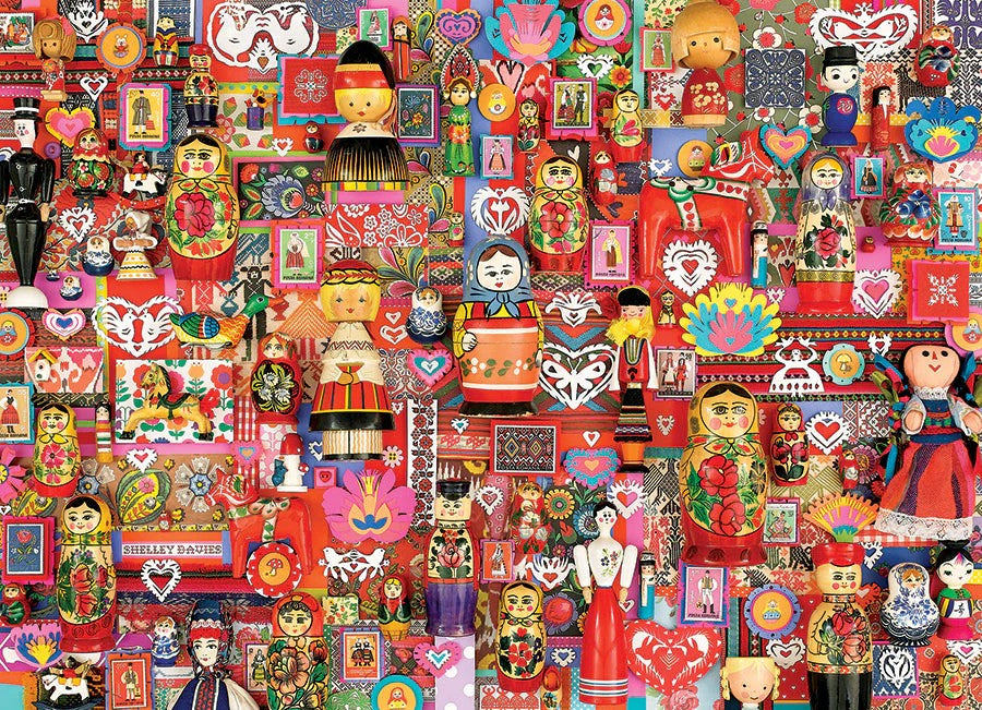 Colorful cobble hill dollies jigsaw puzzle collage of traditional Russian matryoshka dolls and decorative elements.