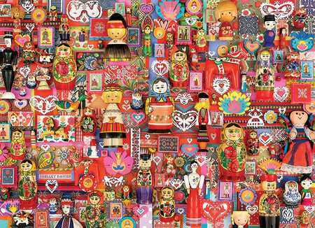 Colorful cobble hill dollies jigsaw puzzle collage of traditional Russian matryoshka dolls and decorative elements.
