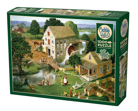 Cobble Hill 1000-piece jigsaw puzzle box with a rural scene of a mill