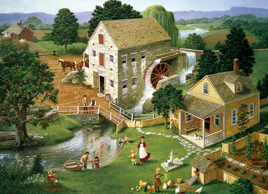 Cobble hill 1000-piece jigsaw puzzle of a rural scene with a mill and people around a pond.