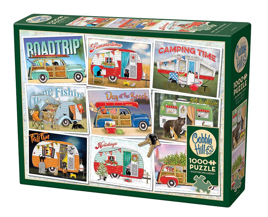 Cobble Hill puzzle box with illustrations of vintage vehicles and camping scenes on a white background