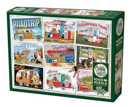 Cobble Hill puzzle box with illustrations of vintage vehicles and camping scenes on a white background