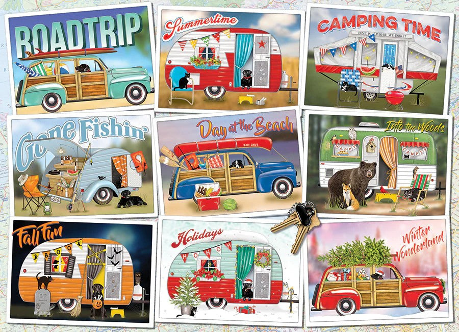cobble hill hitting the road jigsaw puzzle of vintage-style camper illustrations with different scenes and seasons