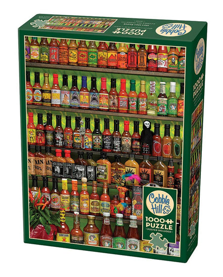 Cobble Hill 1000-piece jigsaw puzzle box featuring a colorful display of hot sauce bottles.
