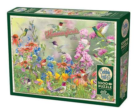 Cobble Hills hummingbirds 1000-piece jigsaw puzzle box with colorful illustration of hummingbirds and flowers.