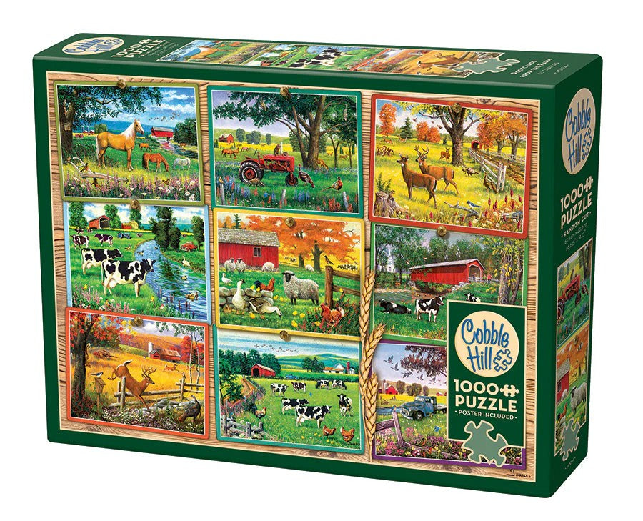 Cobble Hill 1000-piece jigsaw puzzle box with farm scene illustrations on a white background