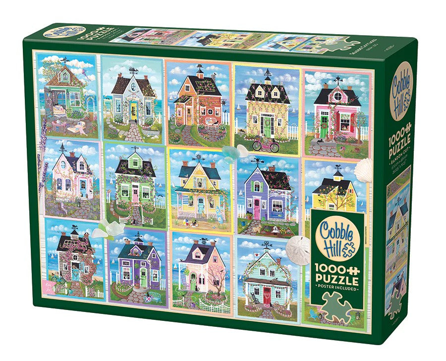 Cobble Hill puzzle box with illustrations of colorful houses on a white background