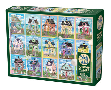 Cobble Hill puzzle box with illustrations of colorful houses on a white background