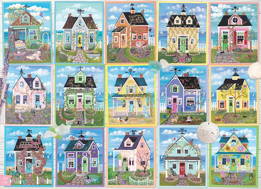cobble hill seaside cottages jigsaw puzzle featuring Grid of colorful illustrations of small houses with various architectural styles.