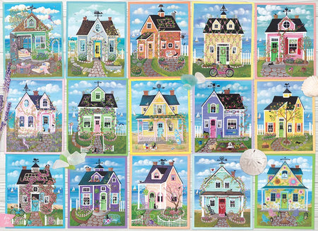 cobble hill seaside cottages jigsaw puzzle featuring Grid of colorful illustrations of small houses with various architectural styles.