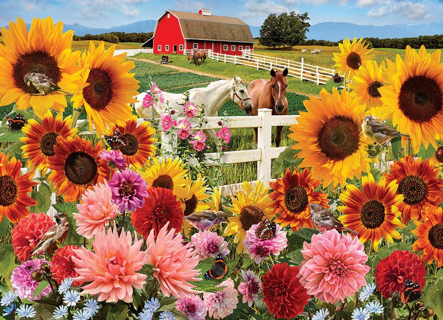 cobble hill 1000-piece jigsaw puzzle of Colorful flowers with a red barn and horses in the background