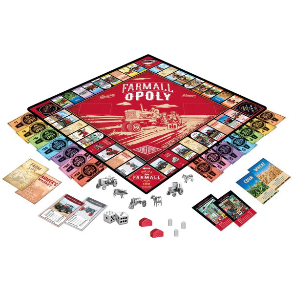 Farmall Opoly board game with colorful pieces and cards on a white background