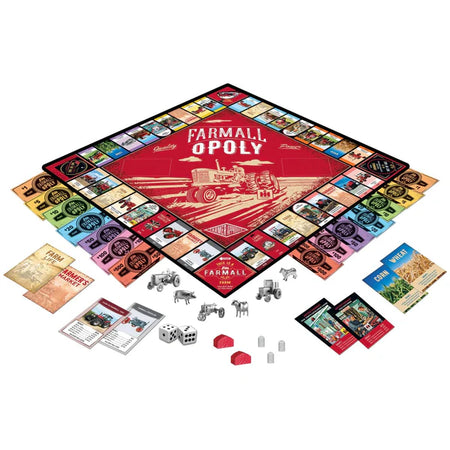 Farmall Opoly board game with colorful pieces and cards on a white background
