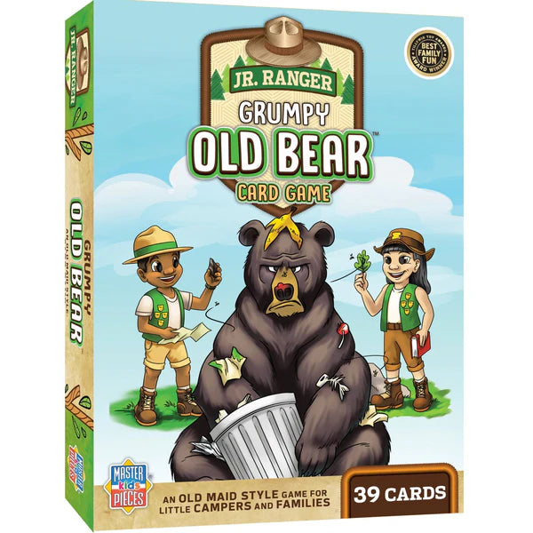 MasterPieces kids Box of 'Jr. Ranger Grumpy Old Bear Card Game' with cartoon bear and characters on a blue background