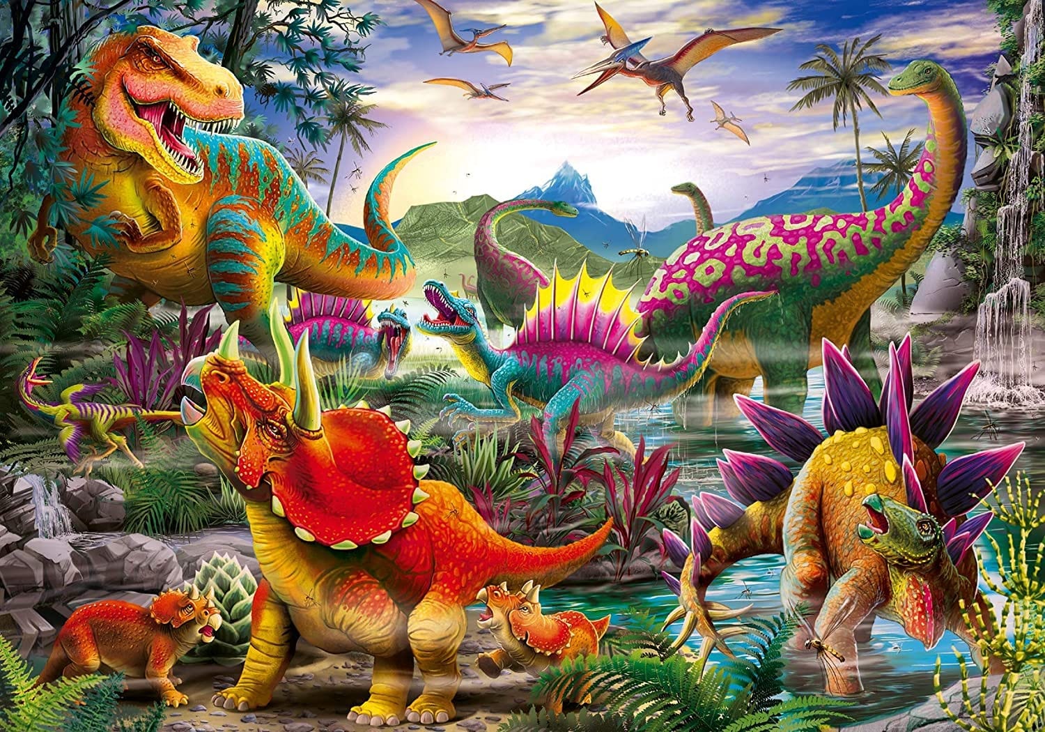 A colorful ravensburger childrens puzzle depicting a vibrant scene with various dinosaurs, including a Tyrannosaurus rex, Triceratops, and Stegosaurus, around a watering hole with a prehistoric landscape in the background.