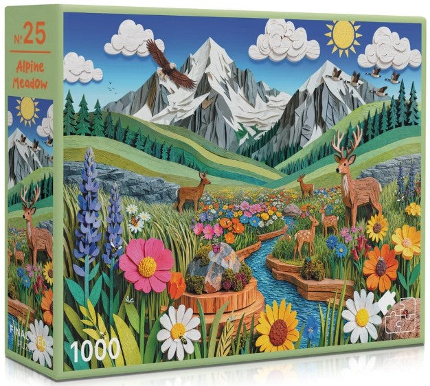Jigsaw puzzle box with a scenic design of mountains, animals, and flowers.
