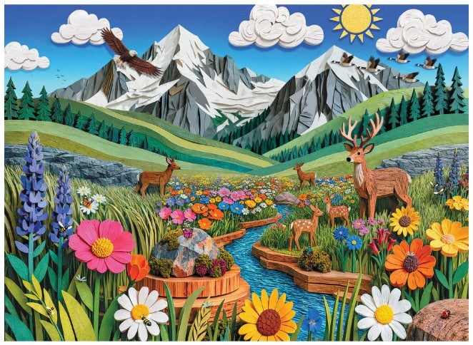 final piece alpine meadow jigsaw puzzle Colorful illustration of a nature scene with mountains, animals, and flowers.