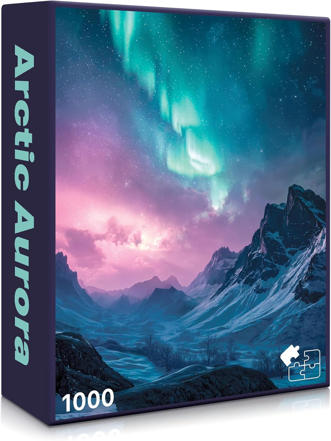 Jigsaw puzzle box featuring an Arctic Aurora scene with mountains and Northern Lights.