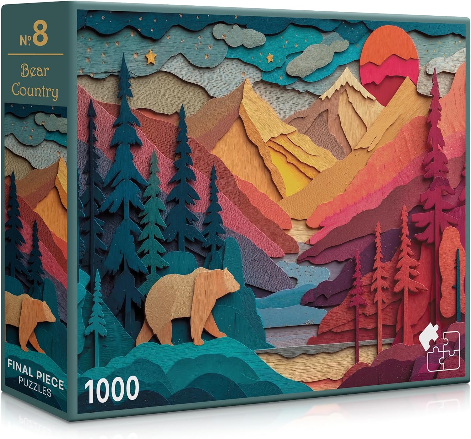 Jigsaw puzzle box with a bear and mountain design on a white background
