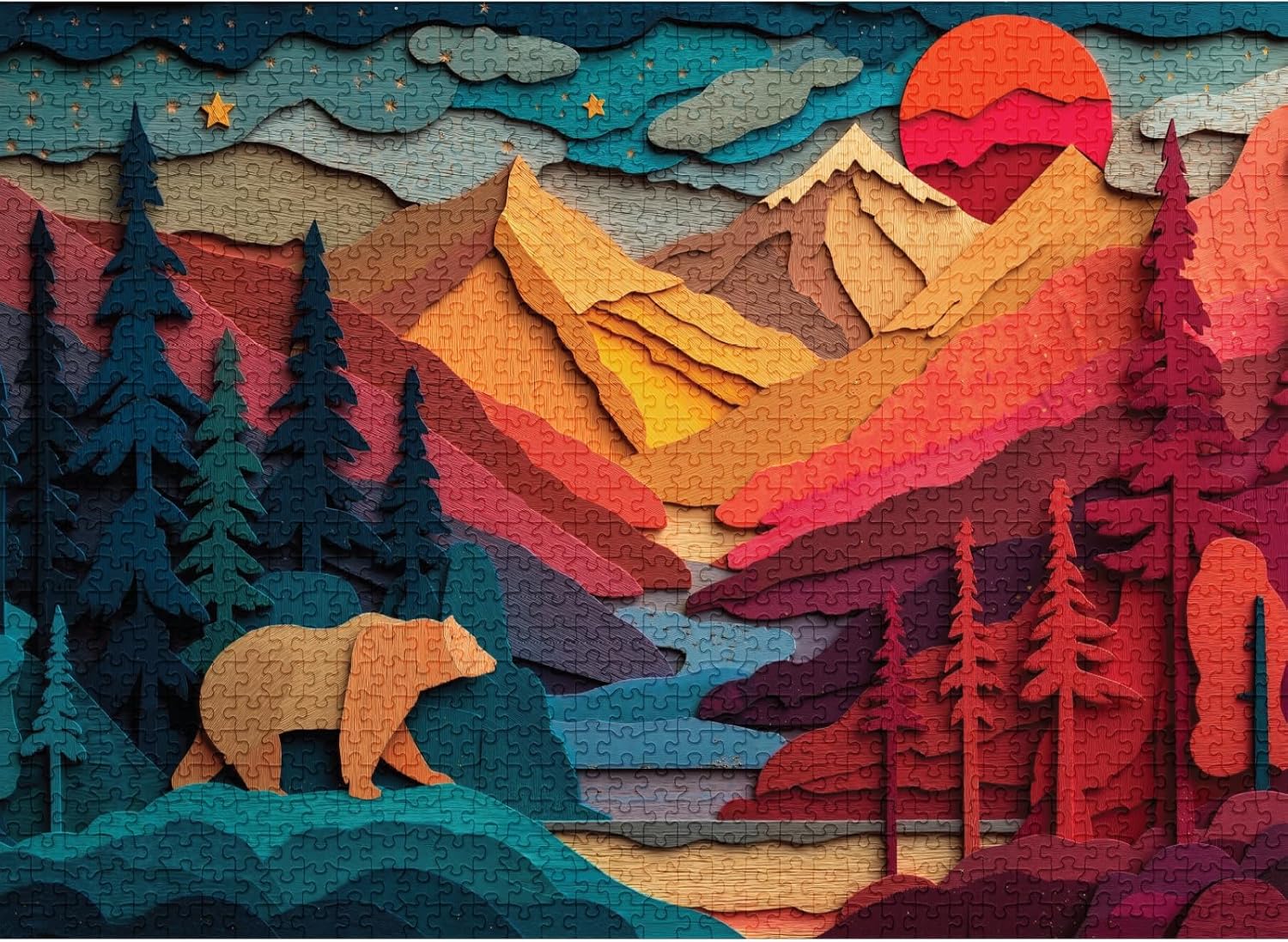 final piece bear country jigsaw puzzle art of a mountain landscape with a bear, trees, and a sunset.