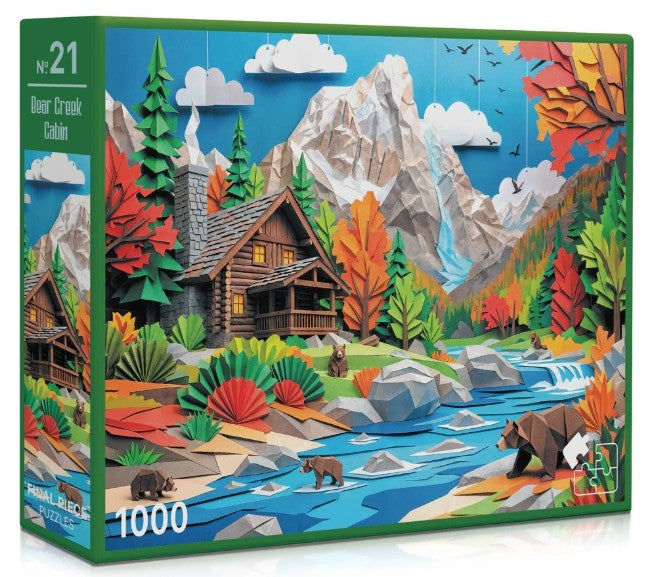 Jigsaw puzzle box with a mountain and cabin design, featuring bears and autumn trees.