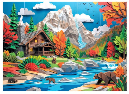 Colorful final piece bear creek cabin jigsaw puzzle paper landscape with a cabin, mountains, trees, and bears.