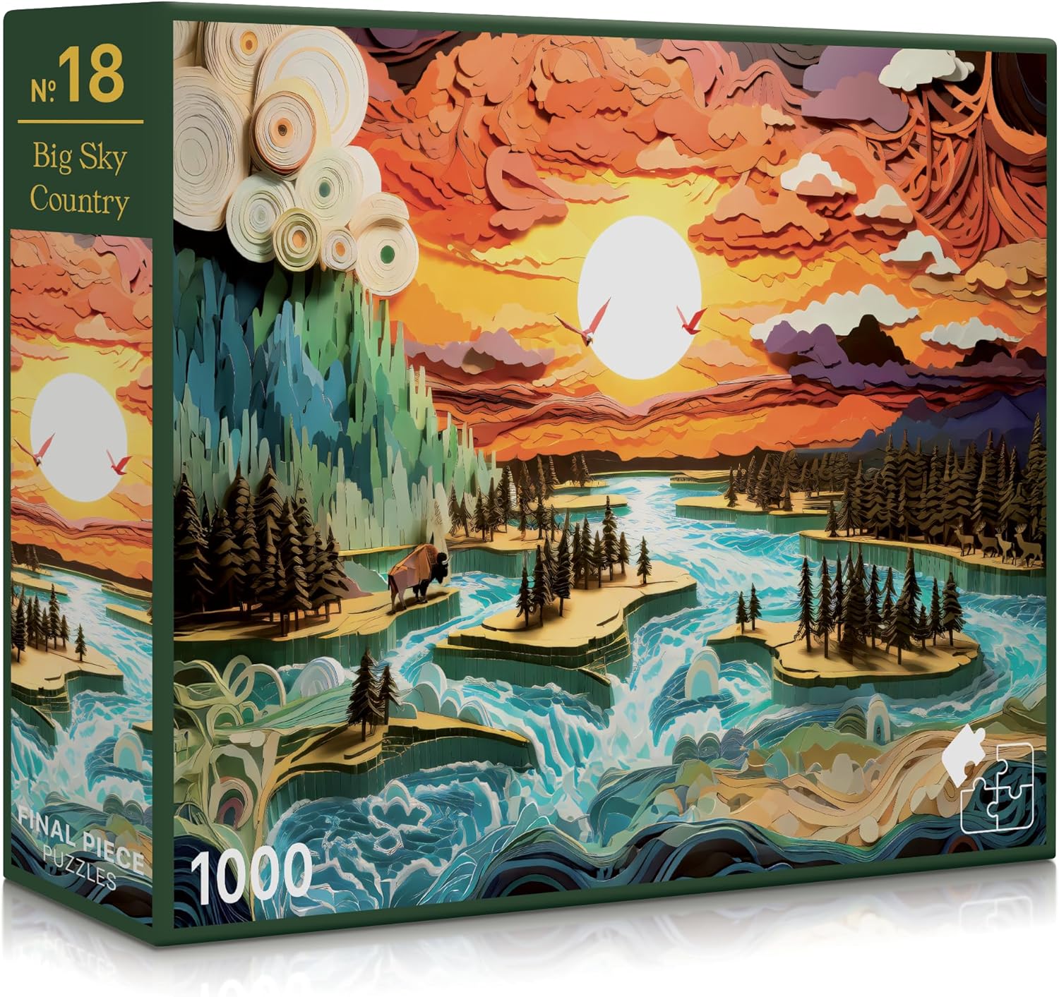 Jigsaw puzzle box with a scenic design of mountains, trees, and a river.