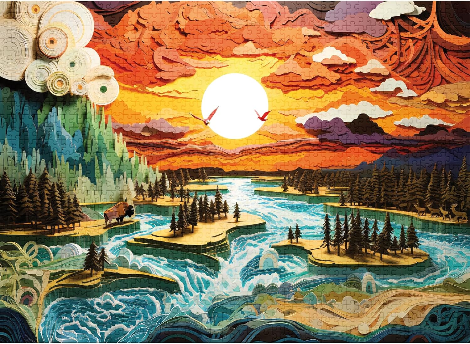 final piece big sky country jigsaw puzzle of Colorful landscape with mountains, trees, and a river at sunset.