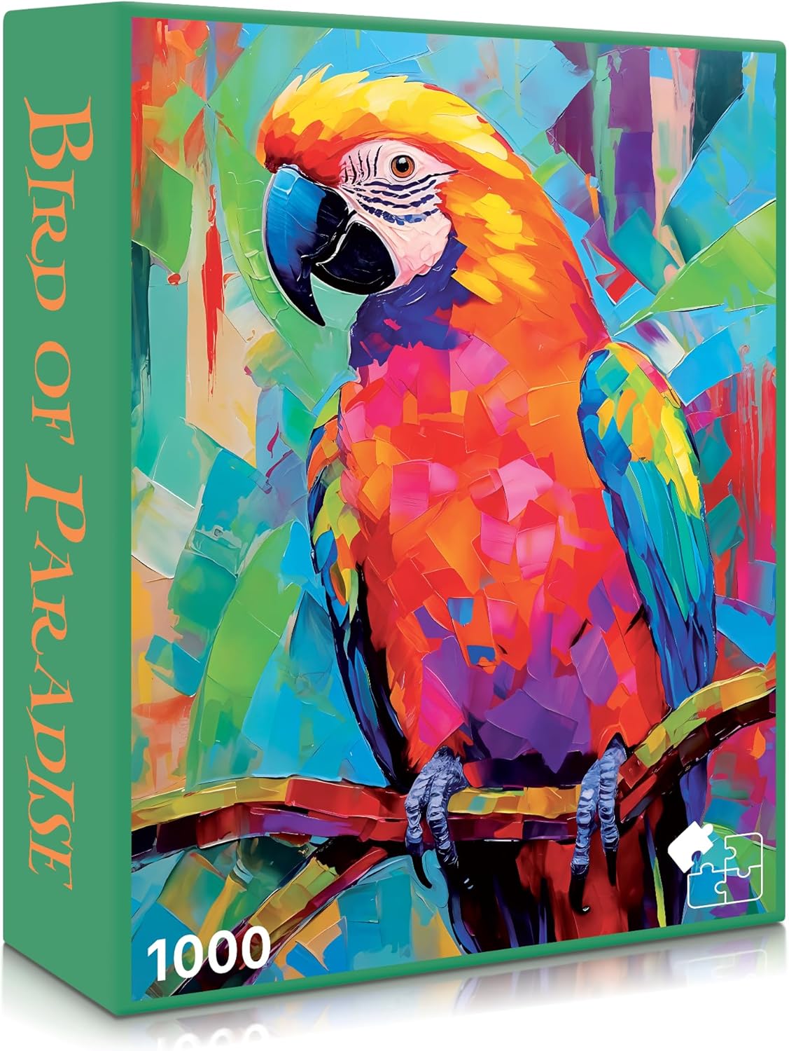 Colorful parrot illustration on a puzzle box with 'Bird of Paradise' text.