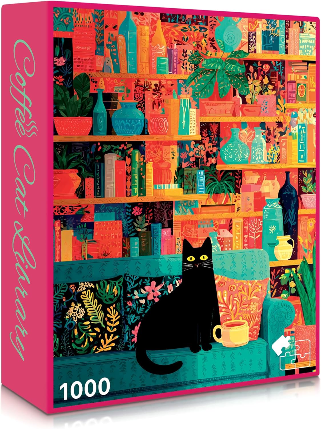Jigsaw puzzle box with a colorful cat and bookshelf design, featuring the brand final pieces