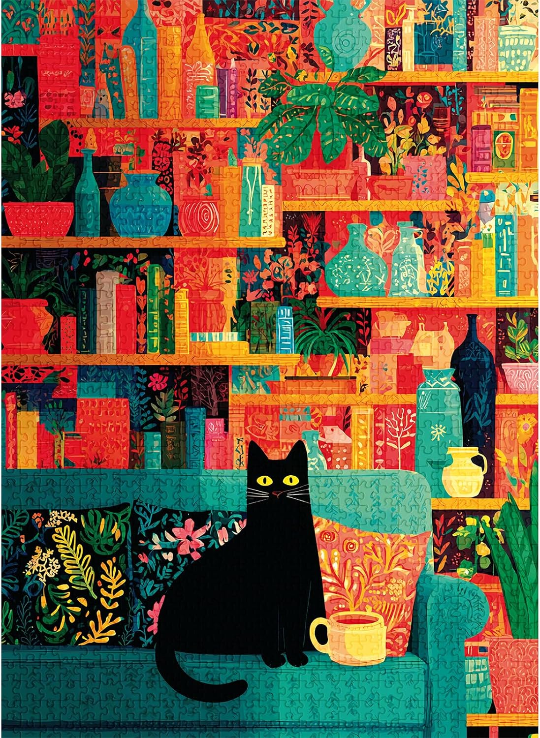 final piece coffee cat library colorful jigsaw puzzle of a black cat on a teal couch with a coffee cup, surrounded by books and plants.