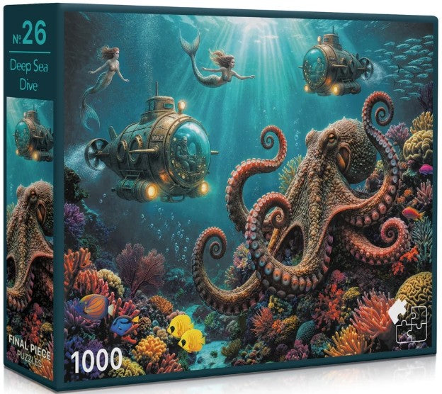 Jigsaw puzzle box with an underwater scene featuring submarines mermaids and an octopus.