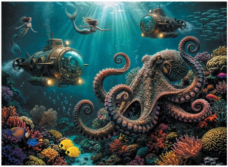 Colorful final piece deep sea dive jigsaw puzzle of underwater scene with an octopus, submarines, and mermaids.
