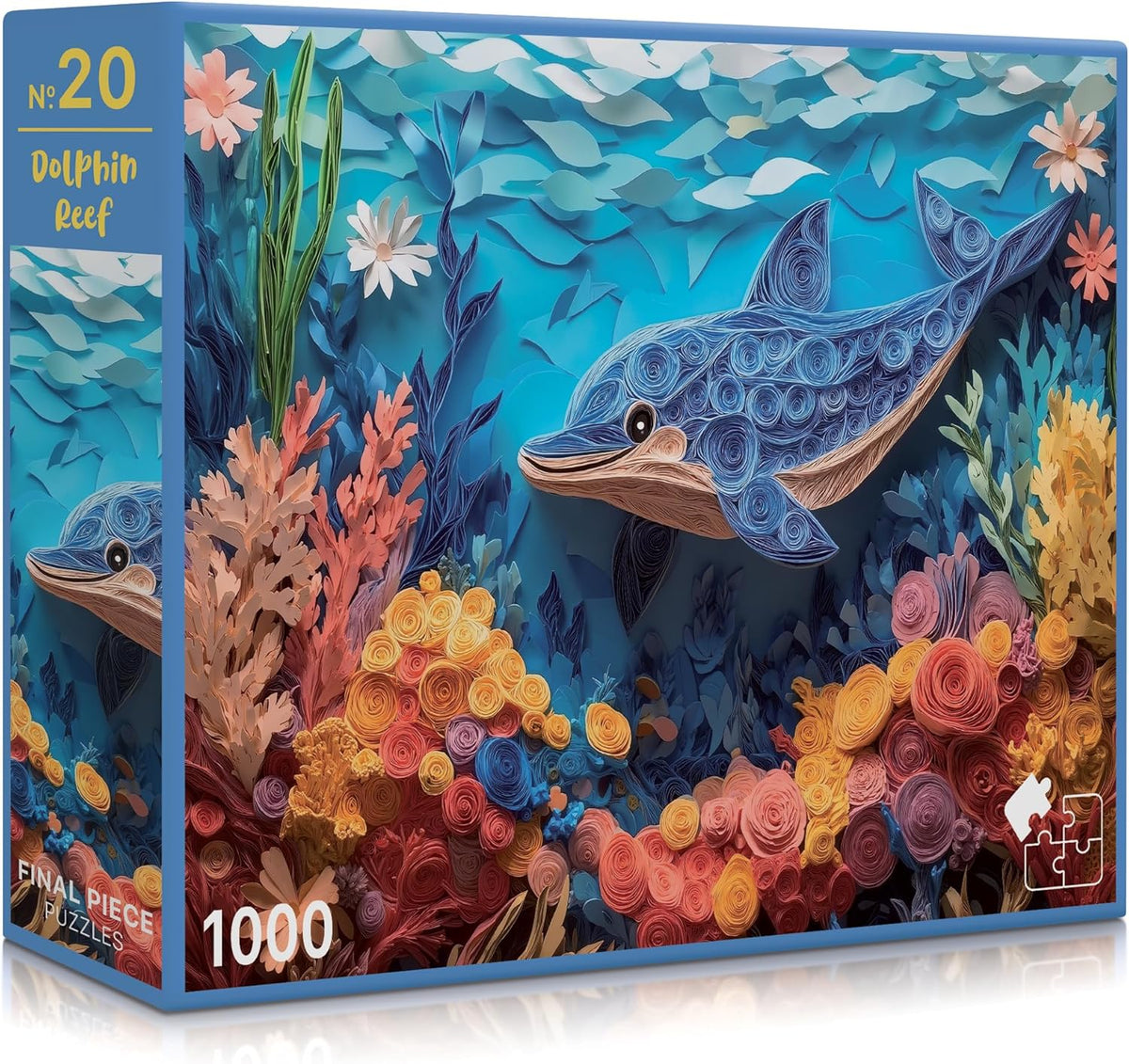 Jigsaw puzzle box with a dolphin and coral design on a blue background