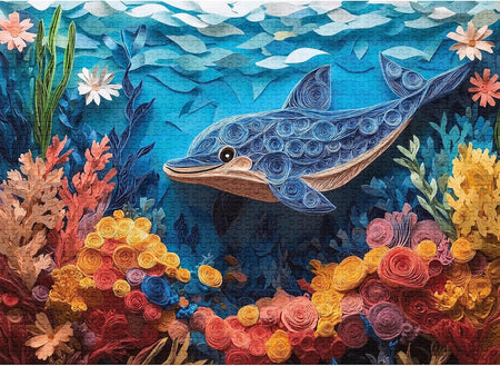 Artistic final piece dolphin reef jigsaw puzzle of a dolphin swimming among colorful flowers and coral