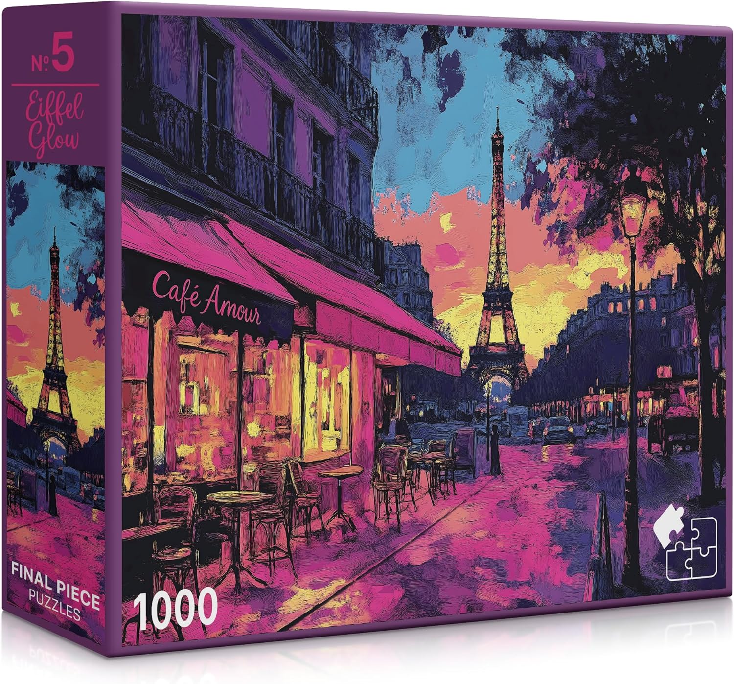 Jigsaw puzzle box with a Parisian street scene featuring the Eiffel Tower.
