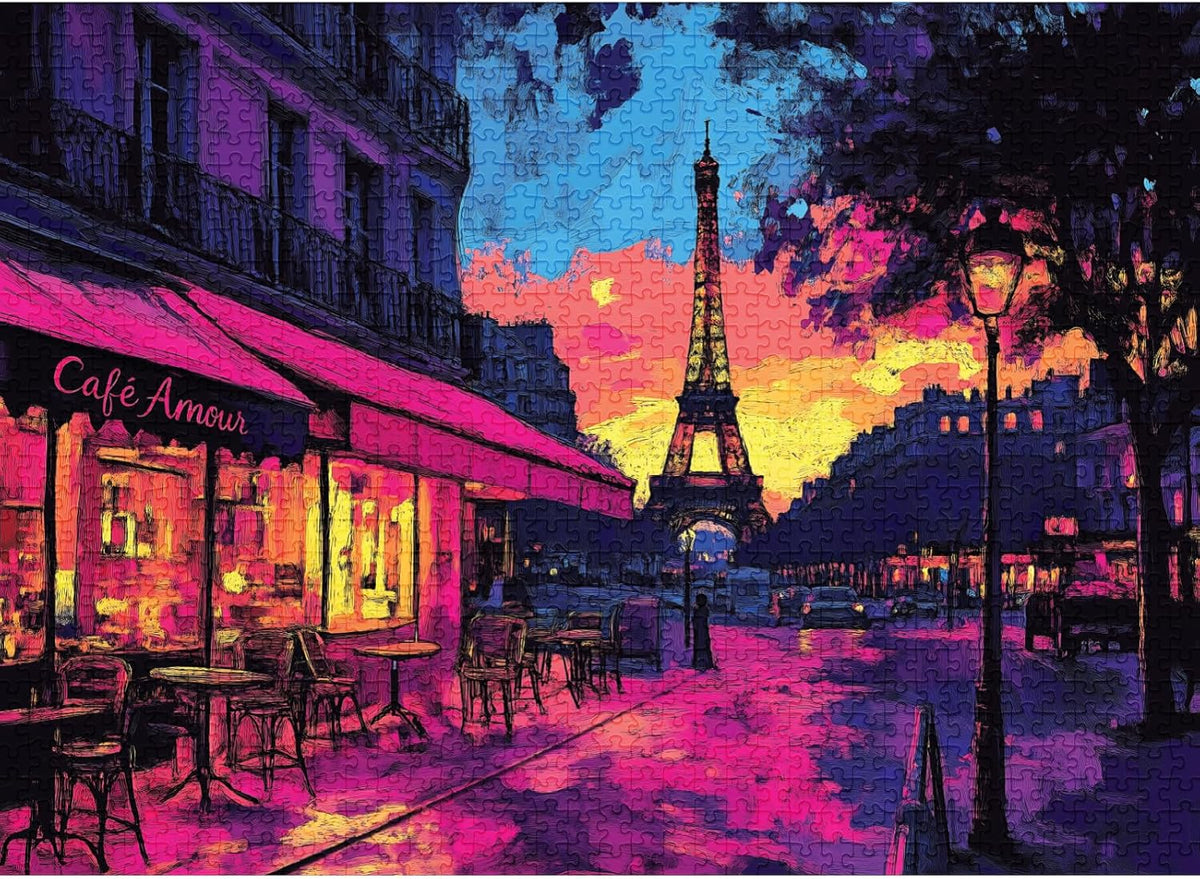 Colorful final piece eiffel glow jigsaw puzzle of a Paris street with the Eiffel Tower, Cafe Amour, and streetlamps.