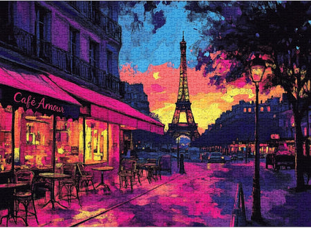 Colorful final piece eiffel glow jigsaw puzzle of a Paris street with the Eiffel Tower, Cafe Amour, and streetlamps.