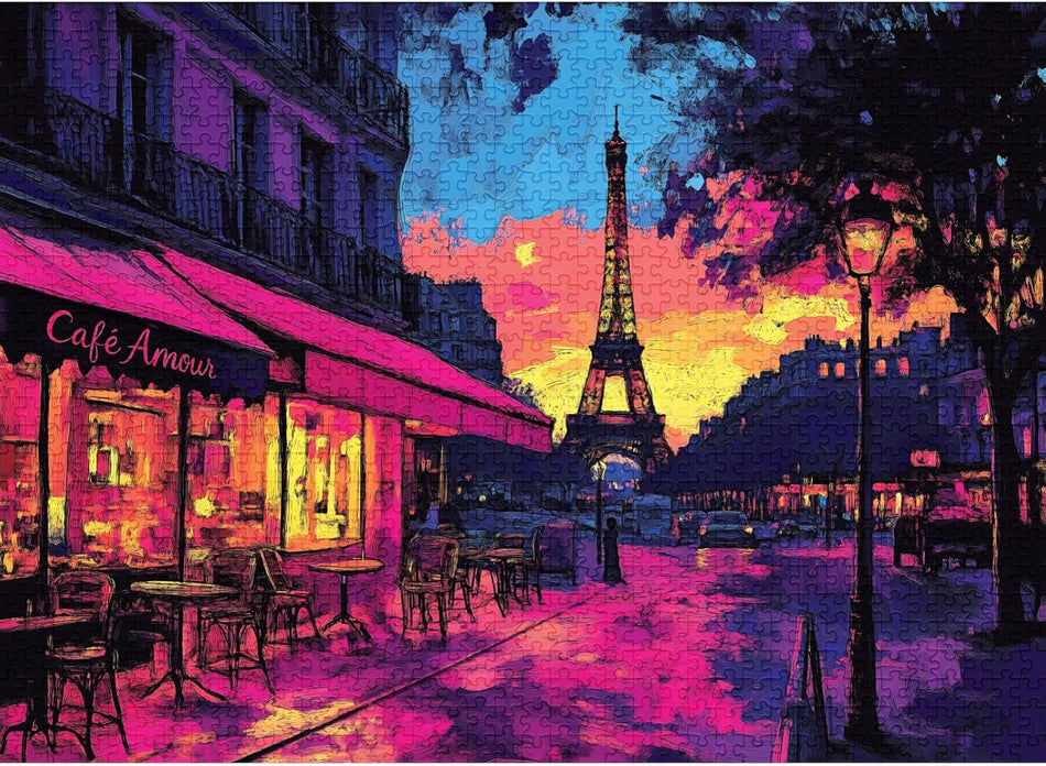 Colorful final piece eiffel glow jigsaw puzzle of a Paris street with the Eiffel Tower, Cafe Amour, and streetlamps.