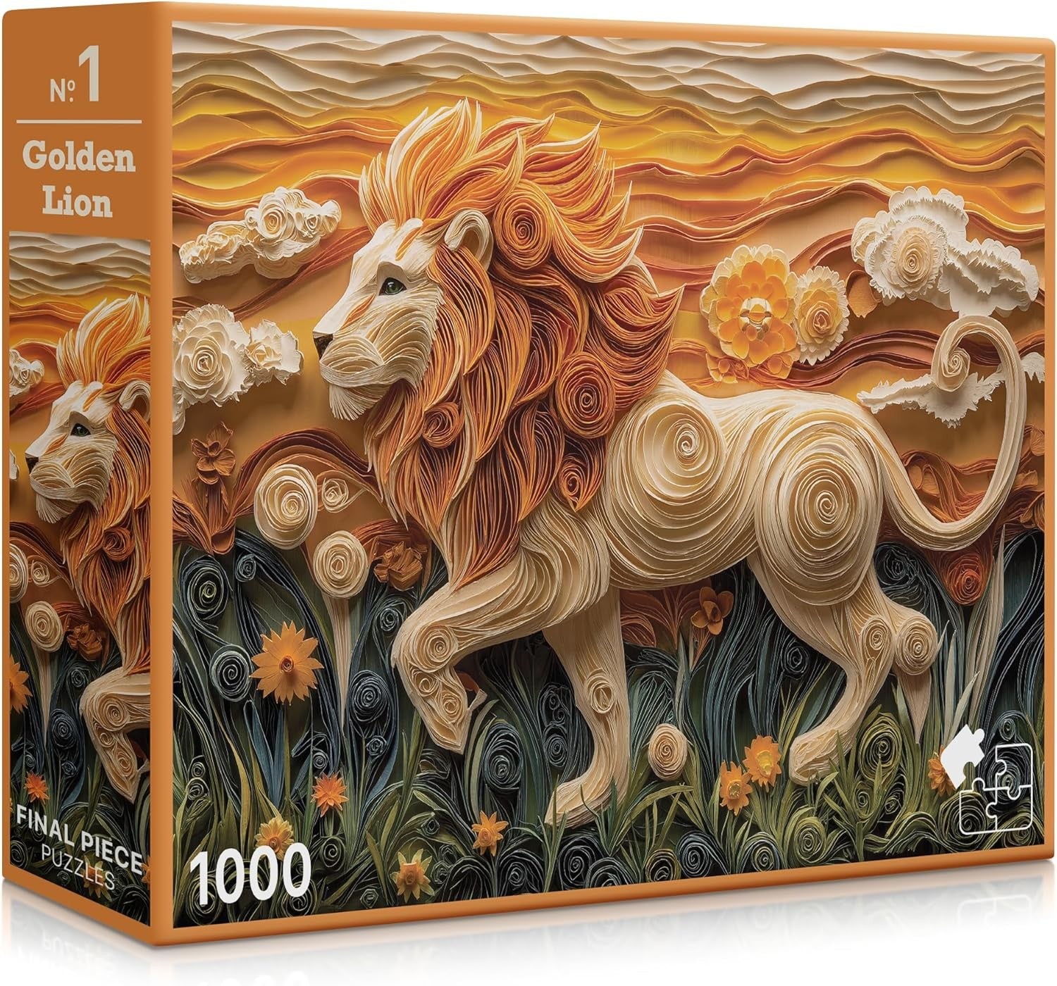 final piece golden lion Jigsaw puzzle box with a decorative lion design on a white background