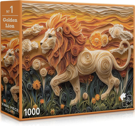 final piece golden lion Jigsaw puzzle box with a decorative lion design on a white background