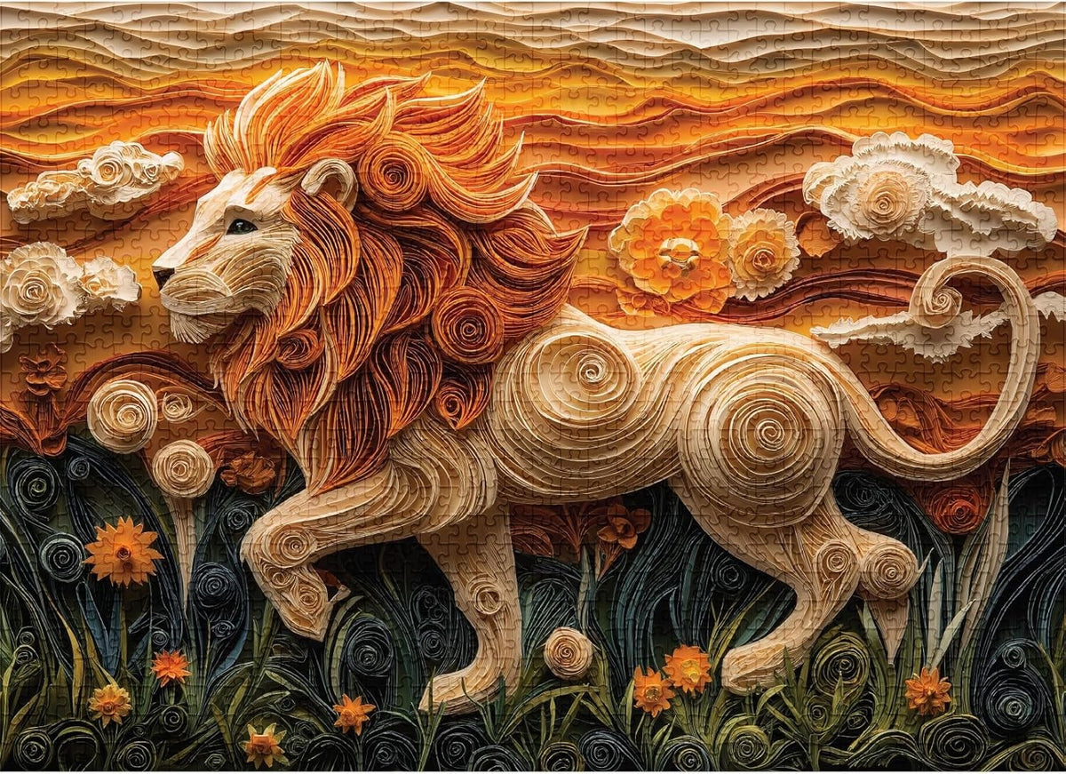 final piece golden lion 1000-piece artistic jigsaw puzzle of a lion with a stylized, textured background