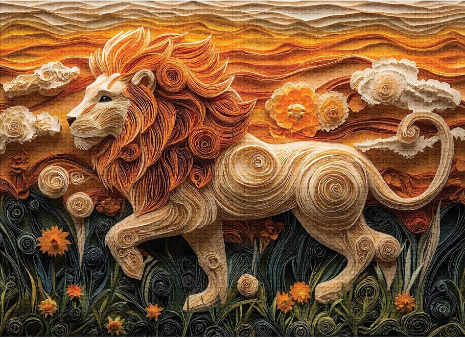 final piece golden lion 1000-piece artistic jigsaw puzzle of a lion with a stylized, textured background