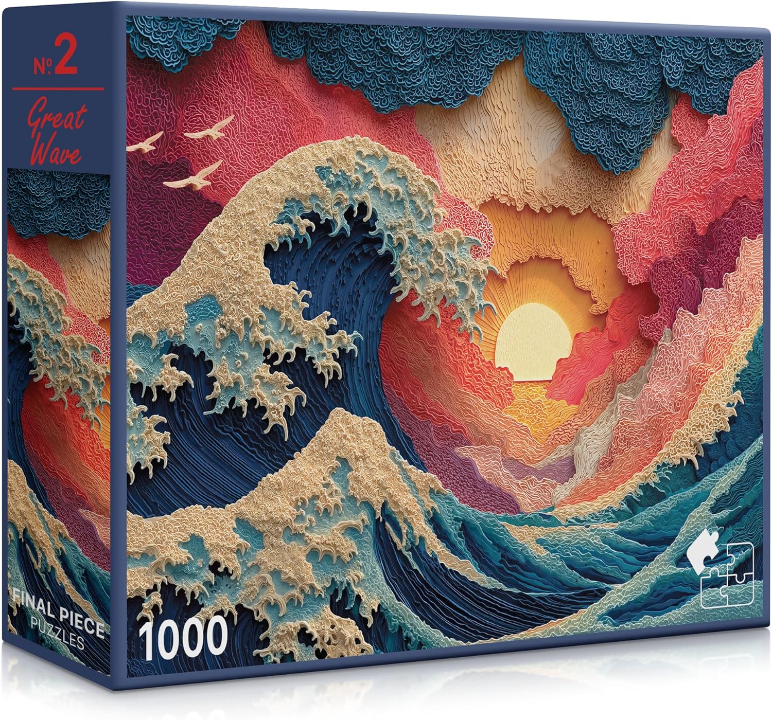 Jigsaw puzzle box with a wave design and 'Great Wave' text on a white background