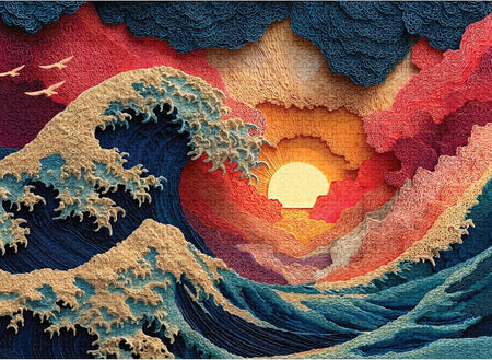 final piece great wave artistic jigsaw puzzle of a wave and sunset with textured surface