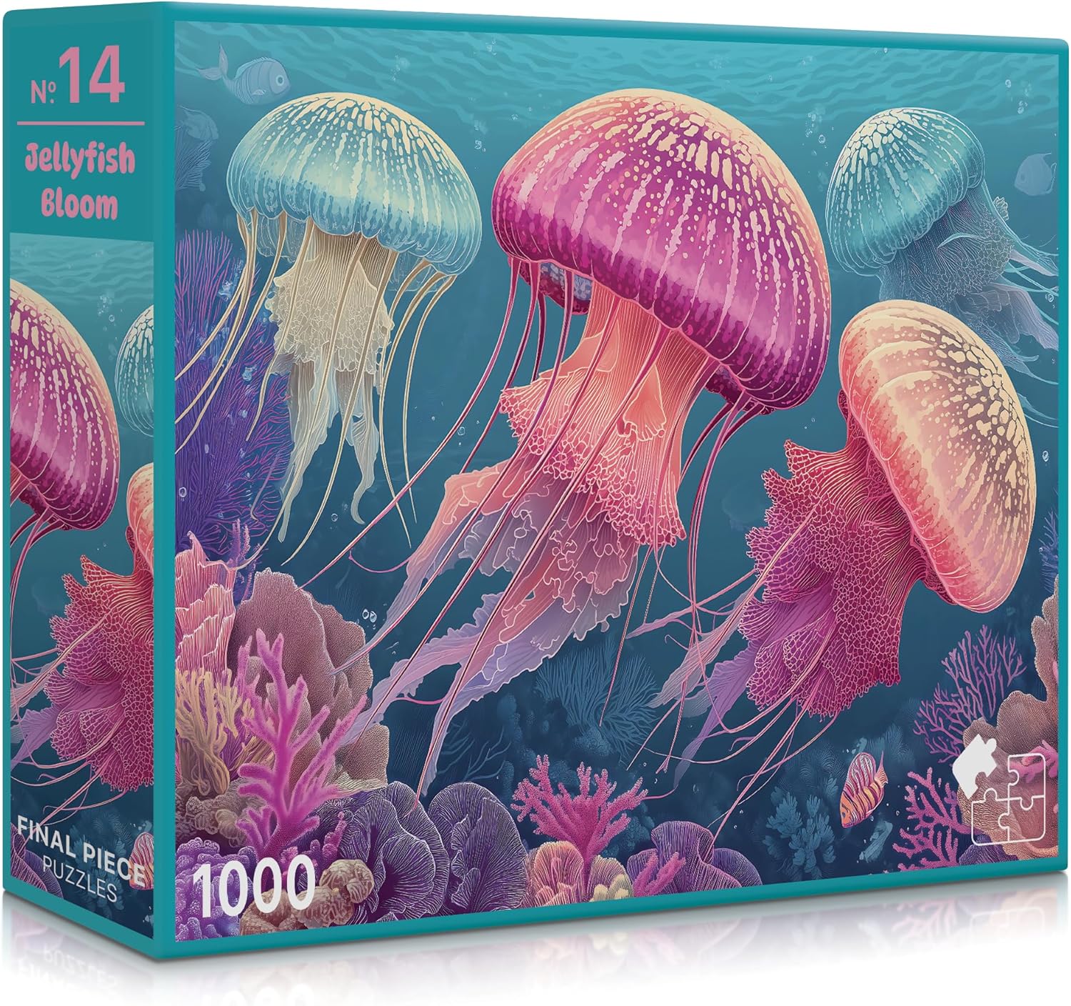 Jellyfish-themed puzzle box with colorful jellyfish illustration on a blue background