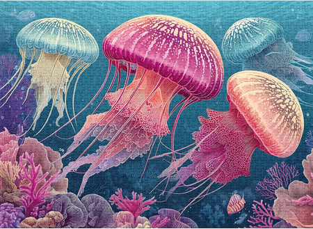 Colorful final piece jellyfish bloom jigsaw puzzle of jellyfish and coral in an underwater scene