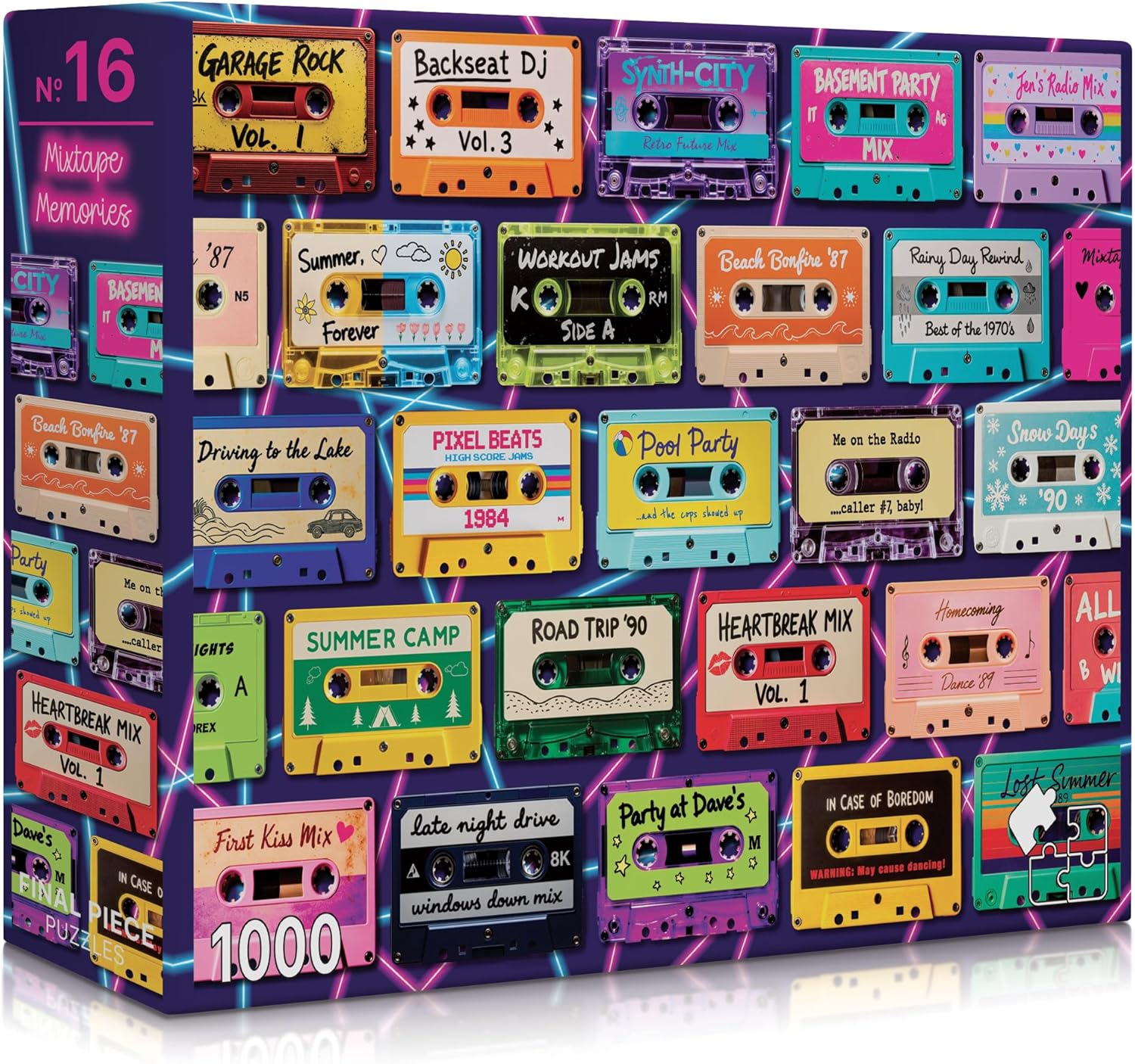 Cassette tape-themed puzzle box with colorful cassette designs on a blue background