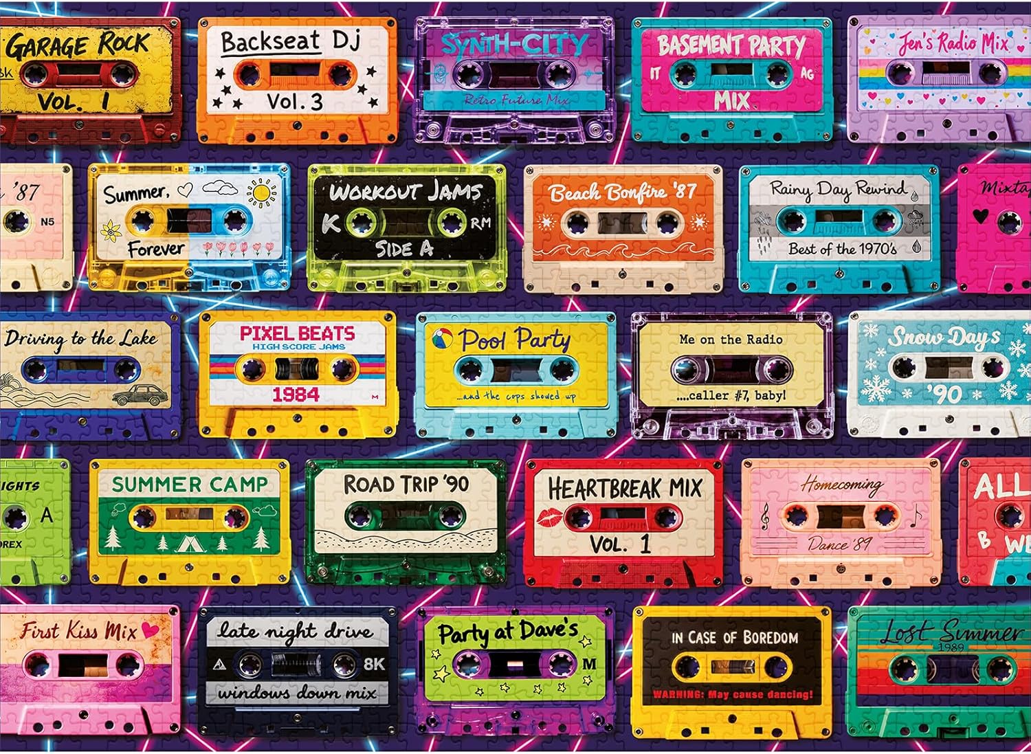 final piece mixtape memories jigsaw puzzle of colorful cassette tapes with various labels on a multicolored background